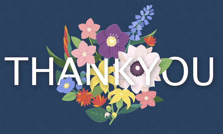 Drawing of colorful flowers behind THANK YOU in white lettering for Thanksgiving