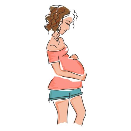 Drawing of a brunette woman holding her pregnant belly while wearing a coral shirt and jean shorts