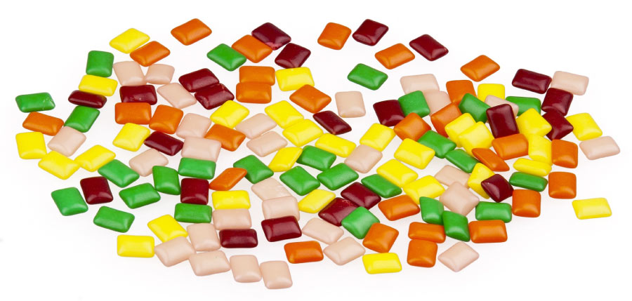 Colorful pieces of chiclet style gum