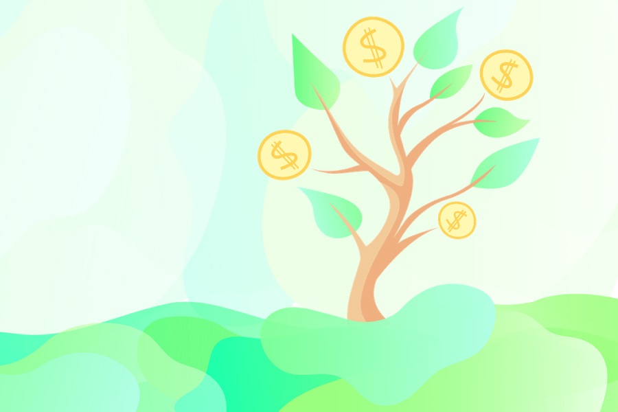 Graphic design of a money tree with dollar signs for some of the leaves