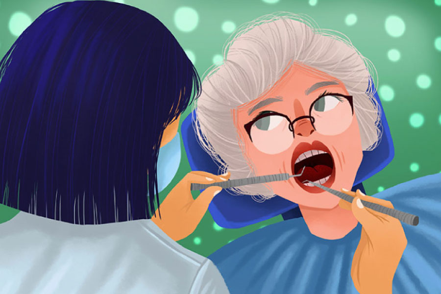 Cartoon of an elderly woman in the dental chair getting her teeth cleaned.