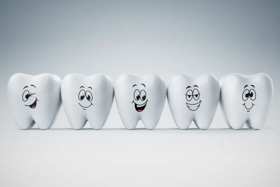 Five smiling teeth with different facial expressions.