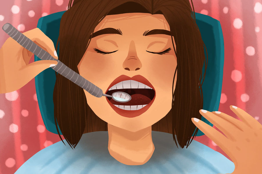 Cartoon of a lady in the dental chair.