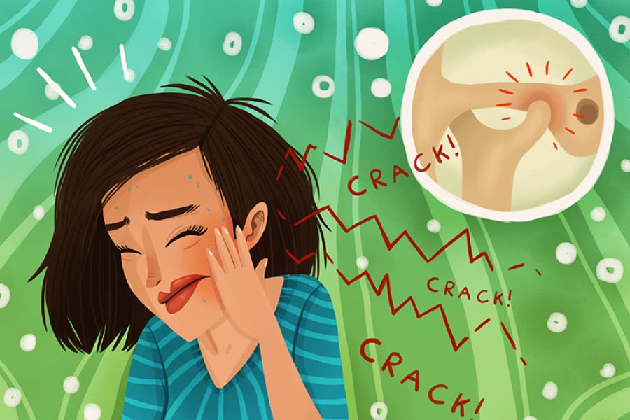 Cartoon of a woman suffering from TMJ/TMD with cracking and popping noises coming from the joint.