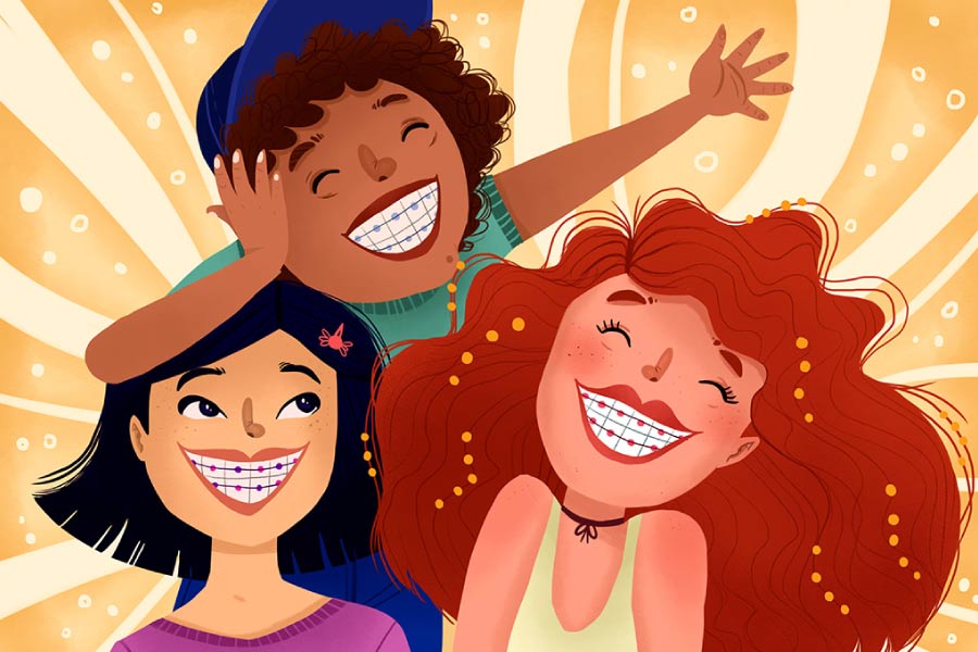 Cartoon of three smiling youth in braces.