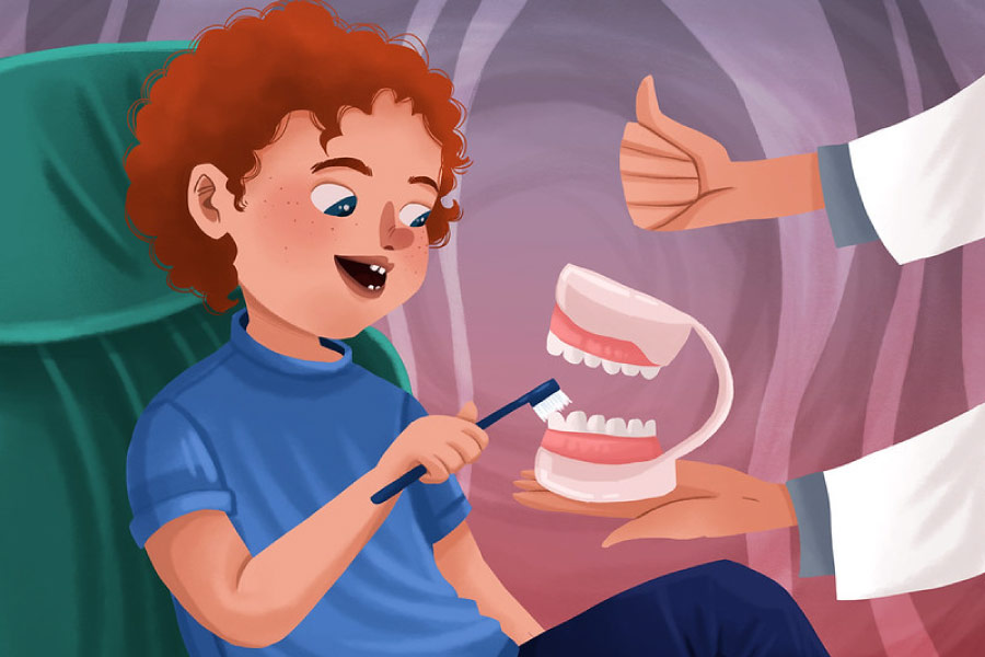 Cartoon of a young boy practicing teeth brushing on a model of fake teeth.