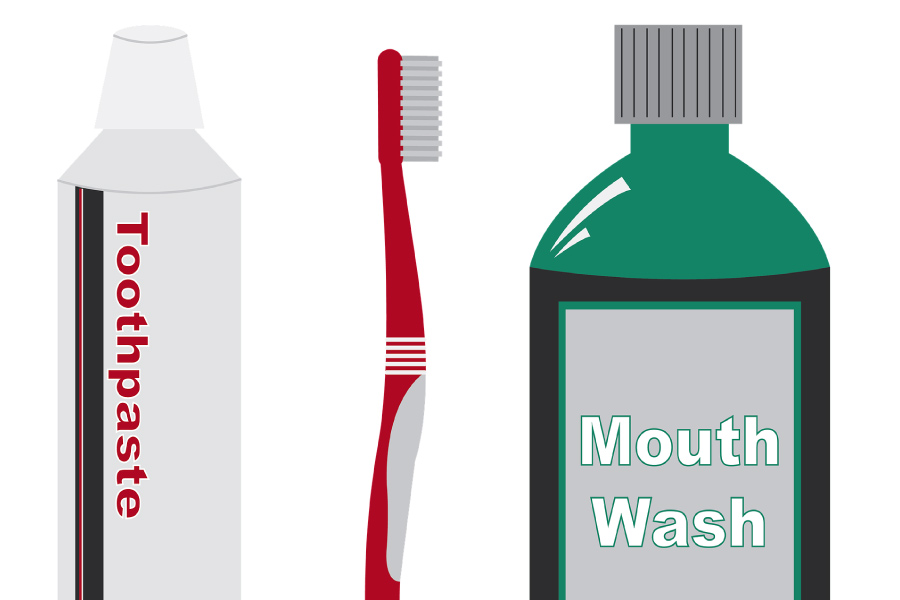 Graphic of toothpaste tube, toothbrush and mouthwash.