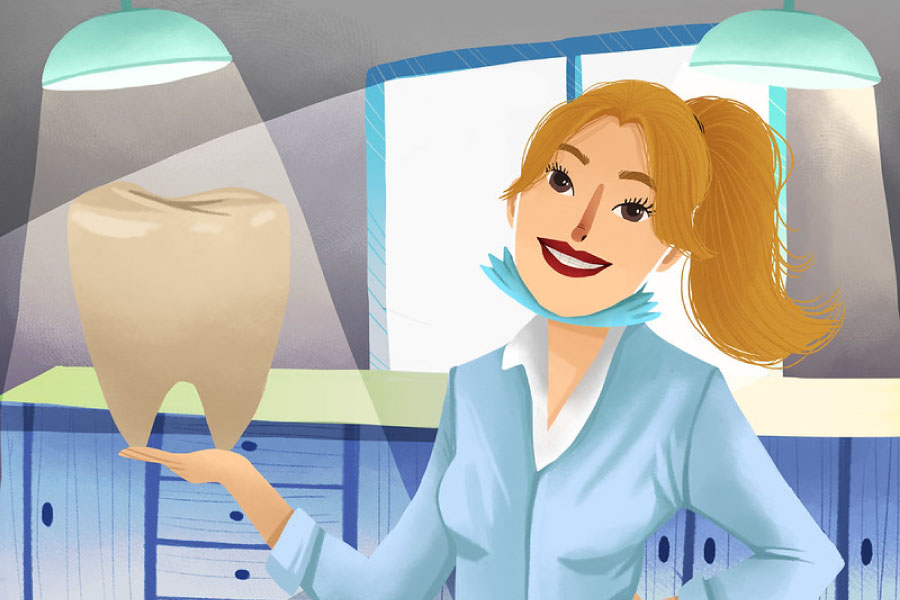 Cartoon of a smiling female dentist holding an oversized model of a tooth.