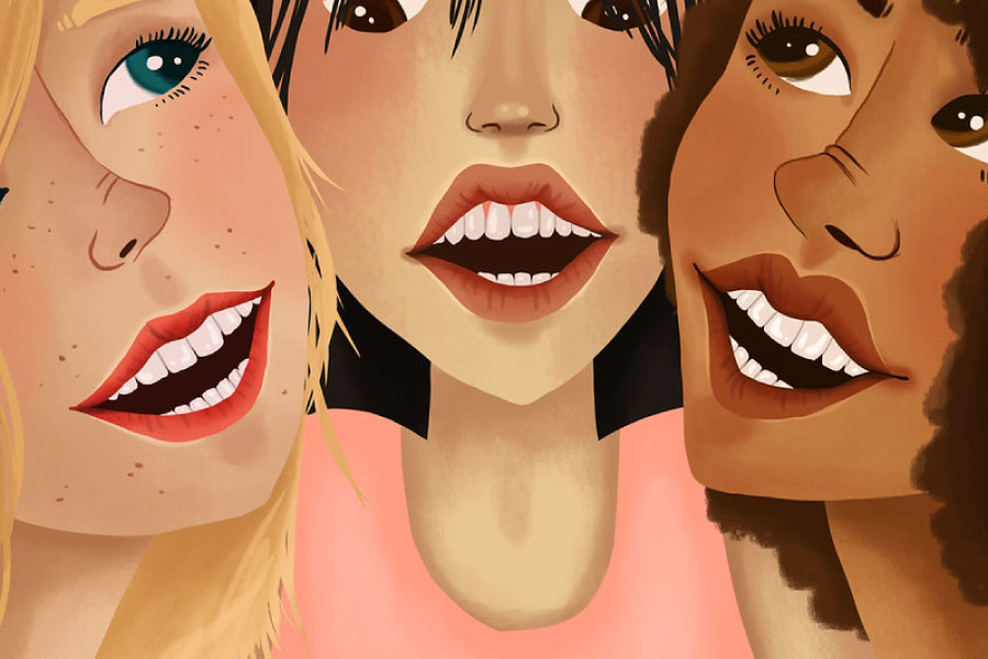 Cartoon showing three women smiling to show off their dental veneers.