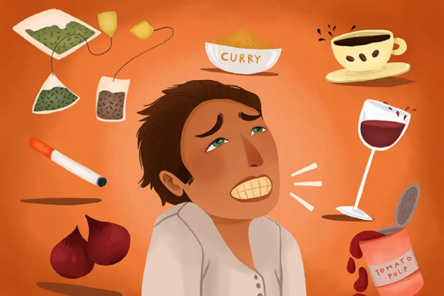 Cartoon of a man surrounded by substances that stain teeth.