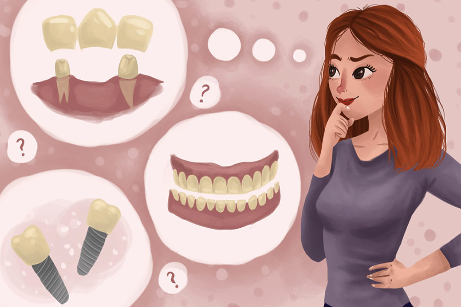 Cartoon of a woman with thought bubbles helping her decide between dentures or dental implants.