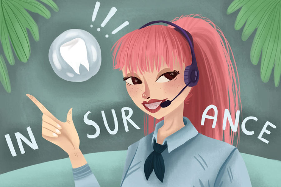 Cartoon of a front office girl with a headset talking about dental insurance.