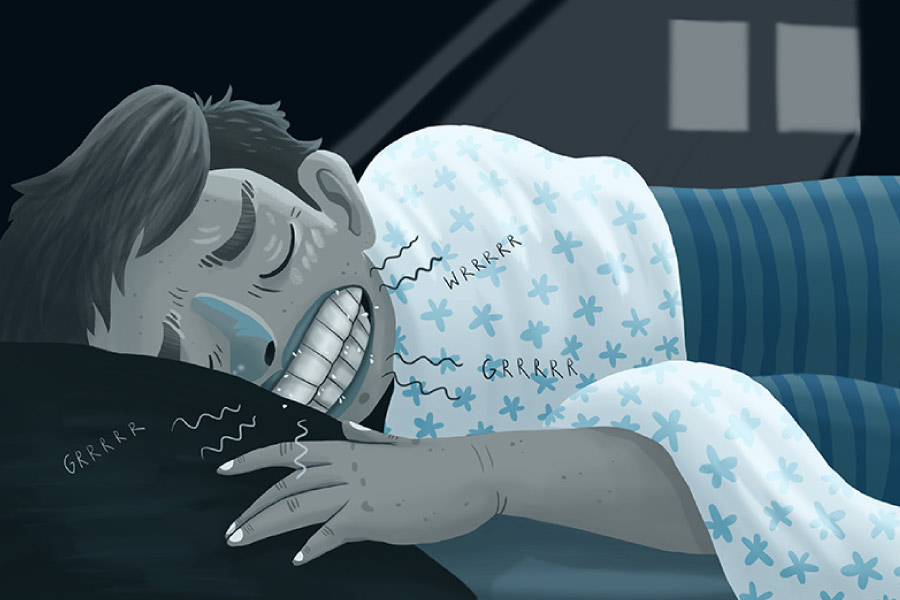 Cartoon of a man grinding his teeth while sleeping.