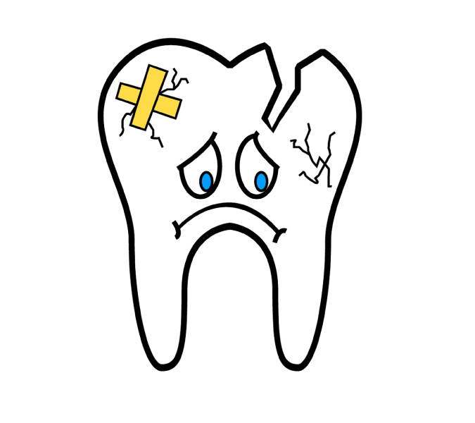 Graphic of a frowning broken tooth that is bandaged and beat up.