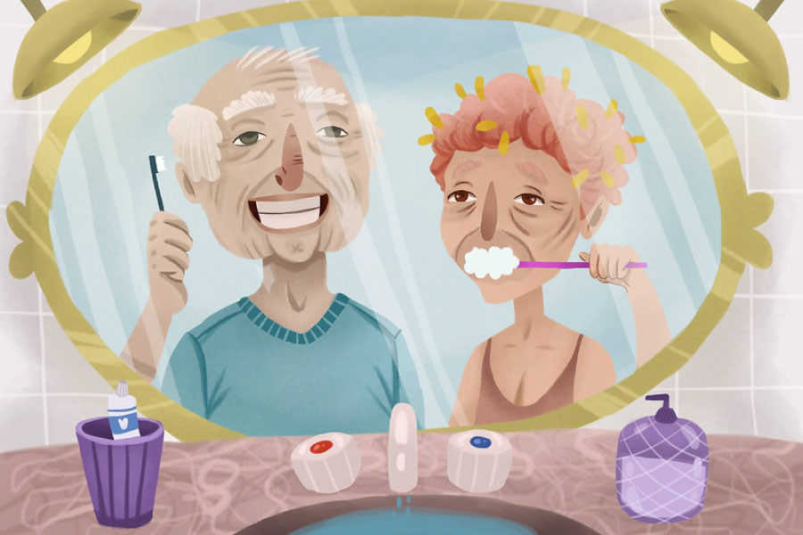 Cartoon of a senior couple brushing their teeth in front of the mirror.