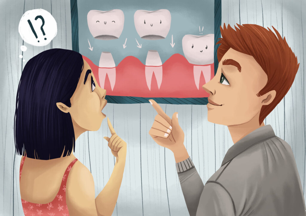 Graphic illustration of woman talking to dental provider about a common restorative dental treatment, a dental crown.